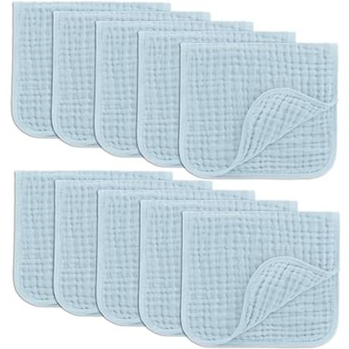 Comfy Cubs Muslin Burp Cloths Set Large 100% Cotton Hand Washcloths for Babies, Baby Essentials 6 Layers Extra Absorbent and Soft Boys & Girls Baby Bibs & Burp Cloths Set (Sky Blue, 10-Pack, 20" X10")