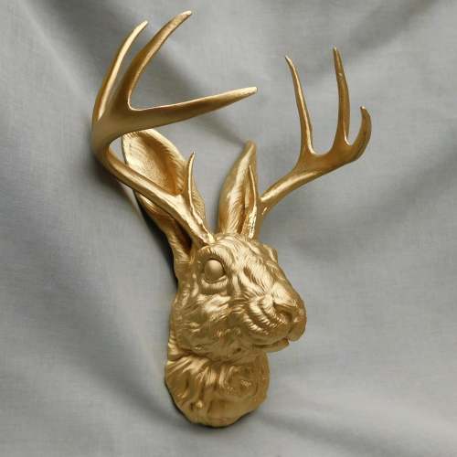 Gold Jackalope Head Wall Decor | 3D Printed Jackalope Animal Head