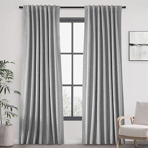 UHITECH Blackout Curtains for Living Room Linen Black Out Curtain 84 Inch Long Back Tab/Rod Pocket Bedroom Window Drapes Pinch Pleated Thermal Grey 7ft