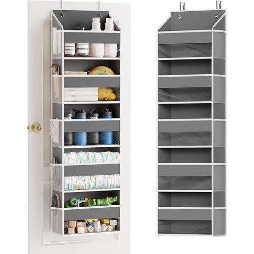 SpaceAid 1 Pack Over The Door Organizer with 5 Large Pockets and 10 Mesh Side Pockets, 5 Layers Door Organizer Hanging with Clear Window for Bedroom, Bathroom, Pantry and Nursery, Gray