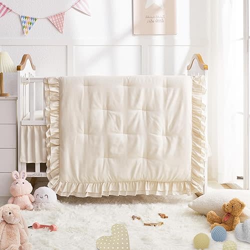 Wowelife 3 Pieces Crib Bedding Set for Girls, Tufted Jacquard Ruffle Fringe Boho Baby Bedding Set Newborn, Infant & Nursery with Comforter, Crib Fitted Sheet and Crib Skirt, Beige