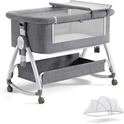 bonbay Baby Bassinet, Bedside Bassinet for Baby, 4 in 1 Portable Bassinet Bedside Sleeper with Wheels Mosquito Net & Storage Basket, 6 Height Adjustable Rocking Bassinet for Newborn Baby