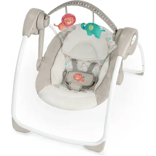 Ingenuity Soothe 'n Delight Compact Portable 6-Speed Plush Baby Swing with Music, Folds Easy, 0-9 Months 6-20 lbs (Cozy Kingdom)