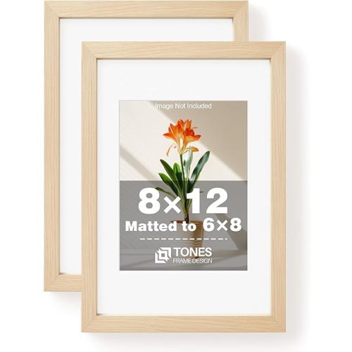 8x12 Picture Frame Set of 2 Natural Solid Wood Veneer Finish 8x12 frame Matted to 6x8 Photo Frames with Plexiglass, 8 by 12 Poster Frame for Gallery Art Prints Home Decor, 2 Pack
