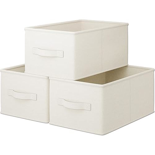 3 Pack Fabric Storage Bins for Shelves | 14¾" L*10¼" W*8" H Closet Storage Bins | Collapsible Storage Bins for Organization | Linen Clothes Storage Bins | White & Ivory