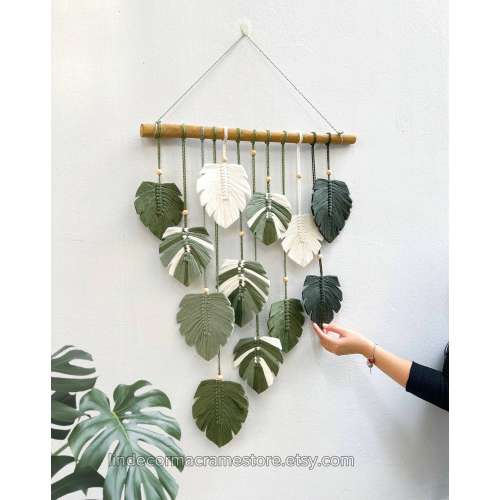 Monstera Leaves Handmade Wall Decor, Green Leaf Macrame Wall Hanging, Scandinavian Decor, Boho Nursery Decor, New Home Gift, Mother Day Gift