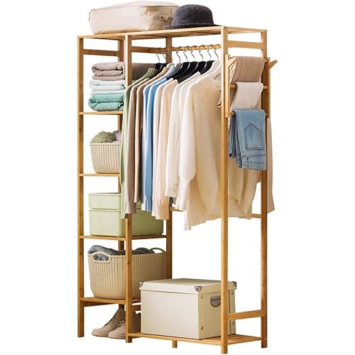 Ufine Bamboo Garment Rack 6 Tier Storage Shelves Clothes Hanging Rack with Side Hooks, Heavy Duty Clothing Rack Portable Wardrobe Closet Organizer
