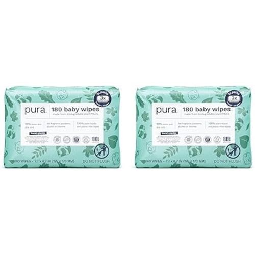 Pura Baby Wipes 3 x 60 per pack (180 Wipes) 100% Plastic-Free & Plant Based Wipes, 99% Water, Suitable for Sensitive & Eczema-prone Skin, Fragrance Free & Hypoallergenic, EWG, Cruelty Free (Pack of 2)