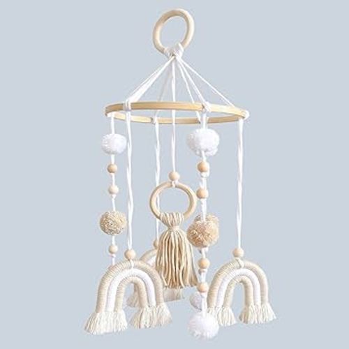 Baby Mobile for Crib, Rainbow Boho Crib Mobile Gender Neutral Nursery Mobile Decor for Infants Boys and Grils, Hanging Baby Crib Mobile Boho for Infant Bedroom Nursery Ceiling Decoration - White