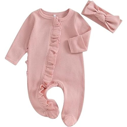 Newborn Baby Girl Footie Waffle Knit Romper Zippers Ruffle Jumpsuit Fall Winter Clothes