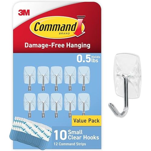 Hooks for bibs - Command Small Clear Wire Toggle Hooks, 10 Hooks and 12 Command Strips, Damage Free Hanging Wall Hooks with Adhesive Strips, Adhesive Hooks for Hanging, Organization and Storage, Holds up to 0.5 lb