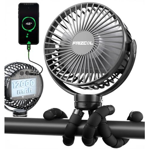 FRIZCOL Portable Stroller Fan, Use As Power Bank, 65H 12000mAh Battery Operated Fan Flexible Tripod Baby Car Seat Fans with Timming, Personal Mini Handheld/Desk/Small Clip On Fans For Stroller