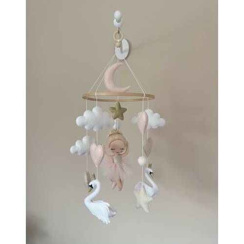 Baby Mobile &quot;Ballerina&quot; in delicate pink and gold with swan, stars, clouds, hearts made of felt, perfect gift for baby shower, baptism, birth