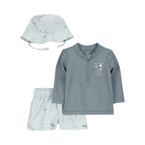 Baby 3-Piece Long-Sleeve Rashguard, Swim Trunk & Swim Hat Set - Grey/Blue - Carter's | Carter's