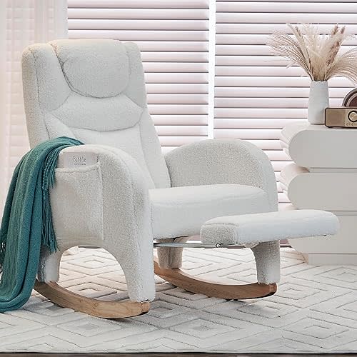 Rocking Chair with Foot Rest, Nursery Glider Teddy Gliding Rocking Chair with Retractable Footrest Rubber Wood Legs Side Pocket High Back & Wide Seat Nursing Chair for Living Room (Ivroy)