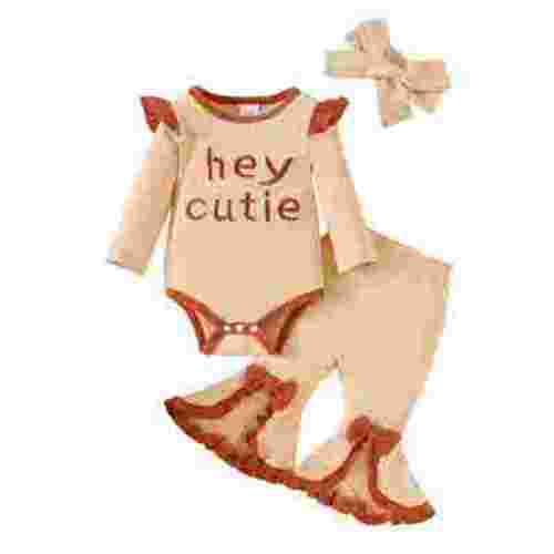 Newborn Baby Girls Outfits Baby Girls Fall Winter Clothes 0-3 Months Girls Long Sleeve Letter Print Romper Top Pants Set with Headband Apricot
