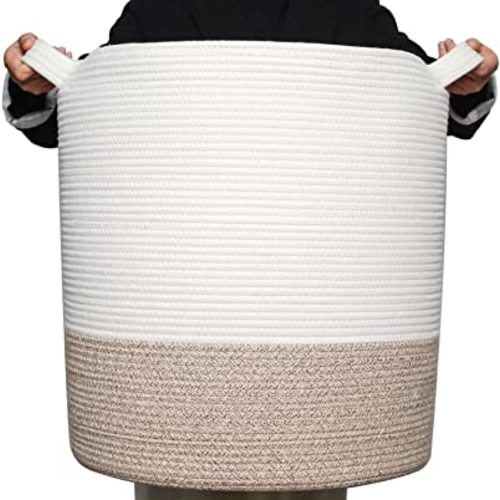 MINTWOOD Design 83L Extra Large 20x18 Inches Decorative Woven Cotton Rope Basket, Tall Laundry Basket Hamper, Blanket Basket for Living Room, Round Storage Baskets for Pillows, Towels, Light Brown