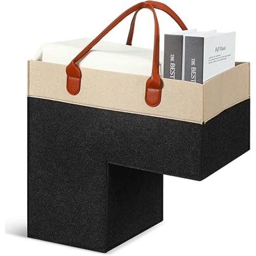 Stair Basket with Handles and Support Panel 16 Inch Felt Staircase Baskets for Carpeted and Wooden Stairs Collapsible Staircase Basket, Stair Storage Organizer for Office Home Decor (Beige Dark Gray)