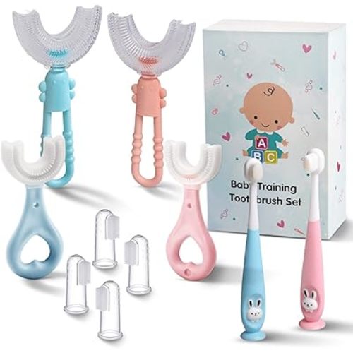 Baby Toddler Infant Toothbrush 6 to 12 Months and Up Age 1 2 3 1-2 2-4 Year Old, 10 in 1 Toothbrushes Gift Set with Soft Finger U-shaped Brush Brushing Bristles for Newborns Kids Children Child