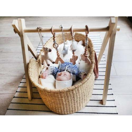Wooden Play Gym for Baby  Wild WEST Adventures with 5  Natural Wooden Montessori Mobile Crochet Toys Frame