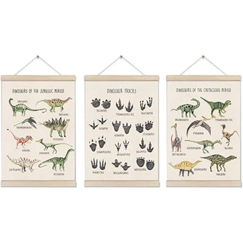 Set of 3 Dinosaur Posters Hanger Frame, Educational Artwork for Toddlers, Dinosaur Canvas Wall Art 16x12 Inch, Kids Learning Posters for Bedroom Classroom Playroom, Boy Girl Nursery Wall Decor