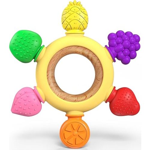 GJZZ Baby Teething Toys Silicone Teethers BPA Free Fruit Shape with Wooden Ring Soothe Babies Gums for 0-3 6-12 Months Infants & New Borns