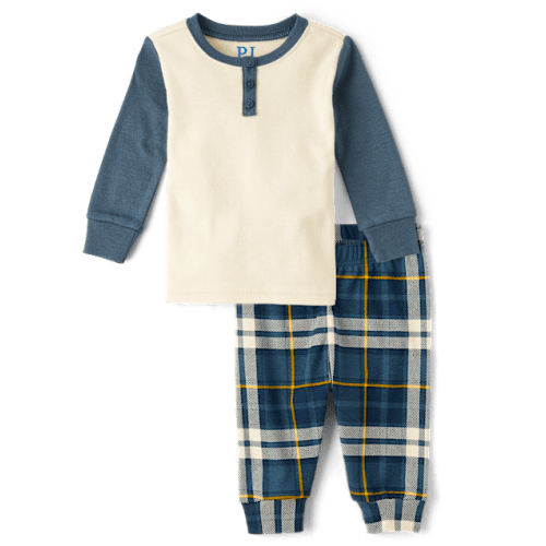 Baby And Toddler Boys Plaid Snug Fit Cotton Henley Pajamas - Blue