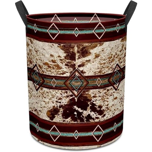 Western Aztec Cow Print Baby Laundry Hamper,Laundry Basket,Waterproof Storage Bin for Bedroom,Clothes Organizer Basket,Toys Box,Room Decor