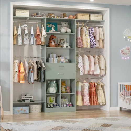 Closet Organizer with Wooden Drawers & Cube, 5FT Adjustable Closet System for Nursery & Kid's Room