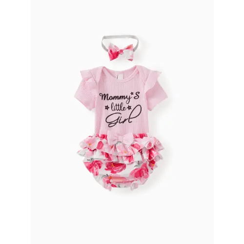 3-Piece Baby Girl Sweet Letter Romper and Multi-layer Bloomer Shorts with Headband Set Only $22.99 PatPat US Mobile