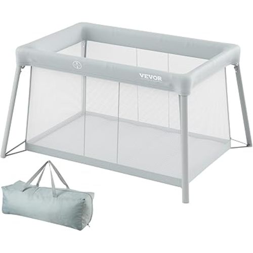 VEVOR Baby Travel Crib and Play Yard, Folding Baby Playpen with Soft Mattress Pad, Portable Toddlers Crib with Breathable Mesh and Travel Bag, Indoor/Outdoor Kid Activity Center for 0-36 Months Babies