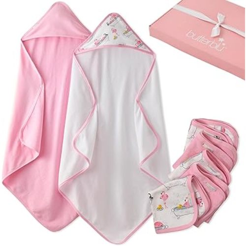 Butterblu Splash Squad - 7 Piece Bath Time Set 100% Organic Cotton Hooded Towels and Washcloths for Baby Girls, Boys, Unisex​, Fab Flamingo, One Size