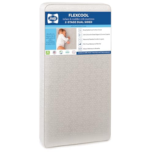 Sealy Baby Flex Cool Breathable 2 Stage Waterproof Crib Mattress plus Toddler Bed Fit, Airy Cotton Cover, 204 Premium Coils, GREENGUARD Gold Certified, Safety & Quality Tested, Made in USA, 52"X28"