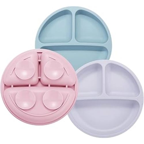 PandaEar 3 Pack Toddler Plates, Silicone Divided Suction Plate for Babies, BPA-Free 100% Food-Grade Silicone Unbreakable Baby Plate (Pink/Purple/Blue)