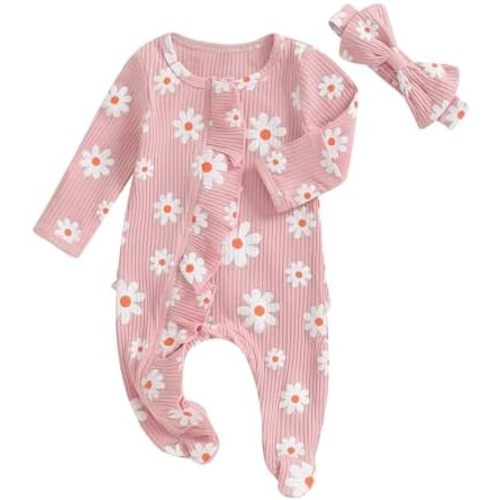 Karwuiio Newborn Baby Girl Clothes Long Sleeve Solid Color Romper Jumpsuits with Headband Infant Coming Home Outfit