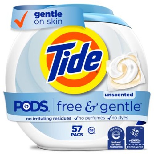 Tide PODS Free & Gentle Laundry Detergent, Hypoallergenic, 57 Count, Fresh & Unscented