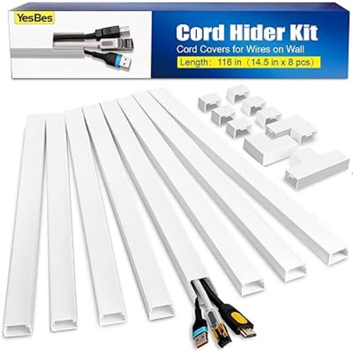 116in Cord Hider Kit, Cord Covers for Wires on Wall, Paintable Cable Raceway, Cord Hider for Wall Mount Tv, Tv Cable Hider Wall Kit, Wire Covers for Cords, W0.96in X H0.57in, White