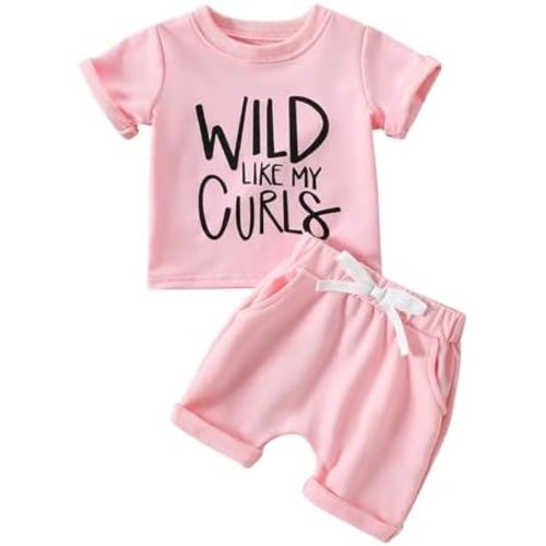 VISGOGO Toddler Baby Girl Summer Clothes Outfits Set Wild Like My Curls Short Sleeve Letters T-shirt Tops with Shorts