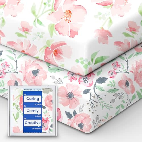 Baby Crib Sheets Girl, TotBasic Premium Soft Crib Mattress Sheet, Ultra Breathable Floral Crib Sheet Fitted, Super Stretchy Jersey Cotton Crib 28" x52‘’x9'' Extra Deep Pocket