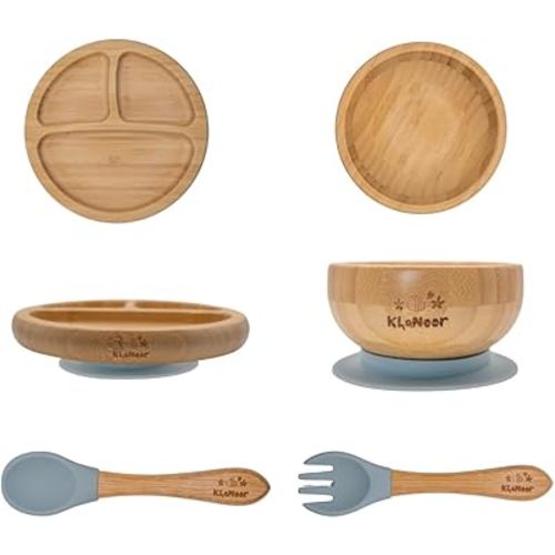 Bamboo Toddler Plate & Bowl Set with Strong Suction – Includes Plate, Bowl, Spoon & Fork – Baby Plates with Suction for Baby Led Weaning, Kids Feeding Essentials, Non-Toxic & BPA Free
