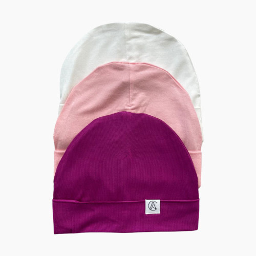 Aarin & Co. Newborn Satin Lined Jersey Beanie Gift Set - White, Plum, Baby Pink, 0-3 M