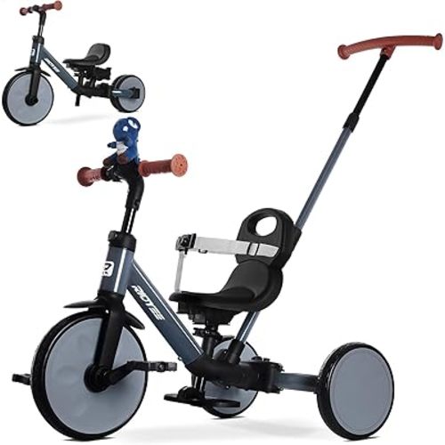RIDYEE 5-in-1 Toddler Tricycle for Ages 1.5–3, Parent Steering Push Trike, Tool-Free Convertible to Balance Bike, Safety Belt, Removable Backrest and Footrest, Ride-On Toy for Boys & Girls, Grey