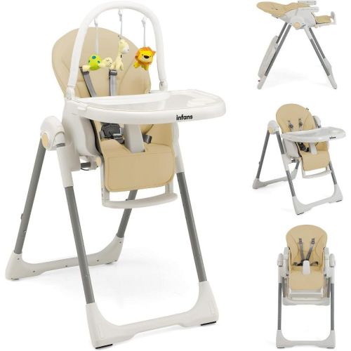 Infans High Chair For Babies Toddlers, Foldable W/ 7 Different Heights 4 Reclining Backrest Seat, Removable Tray Built-in Rear Wheels W/locks, Beige