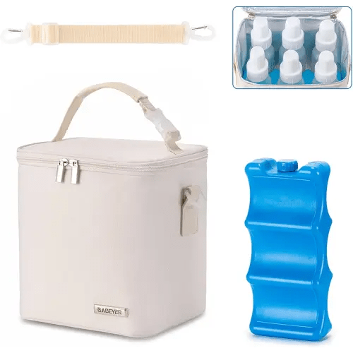 Breastmilk Cooler Bag with Ice Pack Fits 6 Baby Bottles Up to 9 Ounce, Baby Bottle Bag with Shoulder Strap for Nursing Mom Daycare, Cream