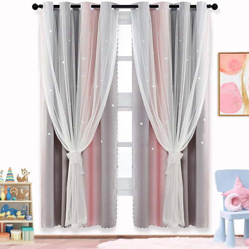 BSHAPPLUS Curtains Blackout Curtains for Bedroom with White Sheer Layered Curtain 52x84 inches for Kids Bedroom Living room, 1 Panel, Grey and Pink