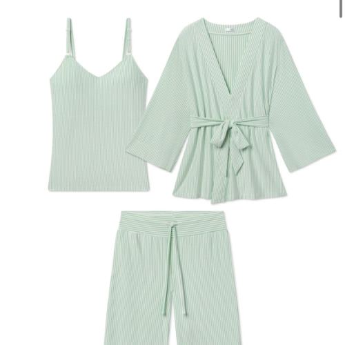 LAKE | Women | DreamModal Pajamas | Parisian Green Pencil Stripe Maternity Kimono Bundle