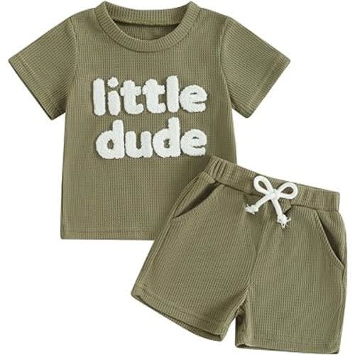 NZNDSHD Summer Baby Boy Clothes Short Sleeve Little Dude Mamas Boy Embroidered T-Shirt Tops Shorts Set Waffle Knit Outfit