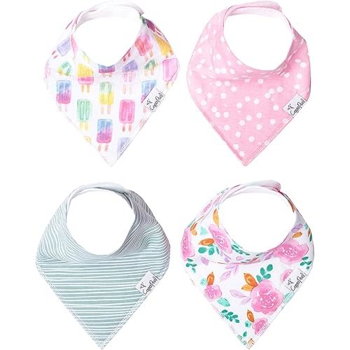 Copper Pearl Baby Bandana Bibs - 4 Pack Soft Cotton Baby Bibs for Drooling and Teething, Absorbent Drool Bibs for Baby Girl, Adjustable to Fit Newborns to Toddlers, Tons of Styles (Summer Set)
