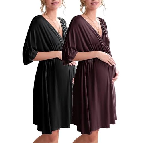 Ekouaer 3 in 1 Labor/Delivery/Hospital Gown 2 Pack Maternity Dress Nursing Nightgown Sleepwear