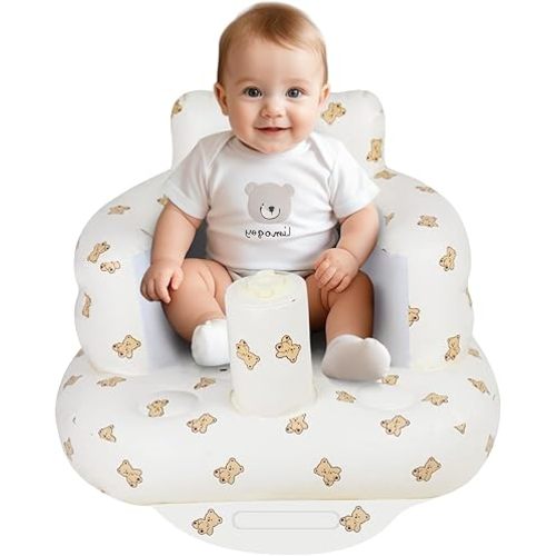Inflatable Baby Seat, Inflatable Baby Chair for Babies 3 Months and Up Summer Baby Inflatable Seat for Sitting Up, Blow Up Baby Floor Seat with Built in Air Pump, Bear